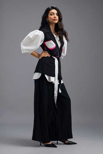 Deepika Arora Black Linen Collared Neck Neon Panelled Vest Trouser Set at Aza Fashions Deepika Arora_Black Linen Collared Neck Neon Panelled Vest Trouser Set _at_Aza_Fashions