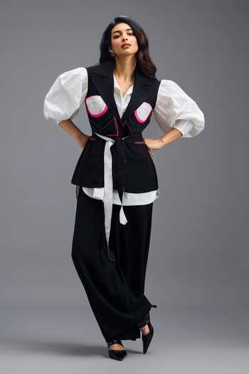Deepika Arora_Black Linen Notched Neck Tailored Vest _at_Aza_Fashions