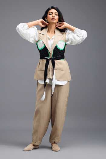 Buy_Deepika Arora_Beige Linen Collared Neck Vest 