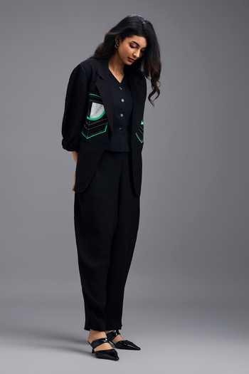 Deepika Arora_Black Linen Geometric Patch Jacket And Pant Set _at_Aza_Fashions