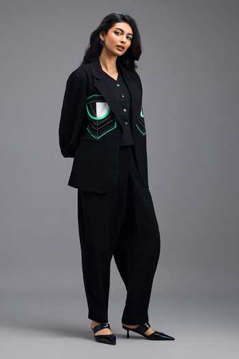 Buy_Deepika Arora_Black Linen Geometric Patch Jacket And Pant Set 