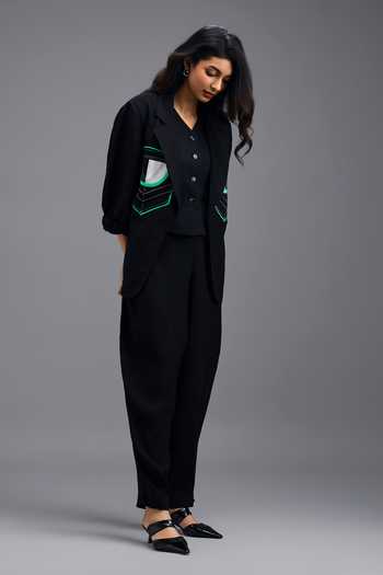 Shop_Deepika Arora_Black Linen Tailored Jacket _Online_at_Aza_Fashions