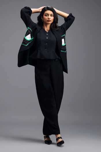 Deepika Arora_Black Linen Tailored Jacket _at_Aza_Fashions