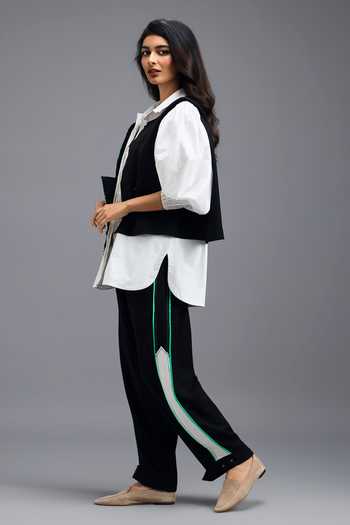 Shop Deepika Arora Black Linen Collared Neck Panelled Vest And Trouser Set Online at Aza Fashions Shop_Deepika Arora_Black Linen Collared Neck Panelled Vest And Trouser Set _Online_at_Aza_Fashions