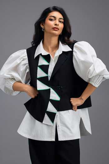 Shop Deepika Arora Black Linen Collared Neck Panelled Vest And Trouser Set Shop_Deepika Arora_Black Linen Collared Neck Panelled Vest And Trouser Set