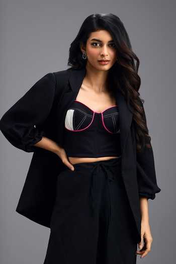 Deepika Arora_Black Linen Open , Sweetheart Jacket And Trouser Set _Online_at_Aza_Fashions