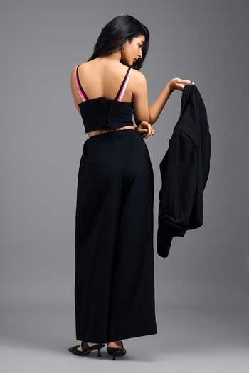 Buy_Deepika Arora_Black Linen Open , Sweetheart Jacket And Trouser Set 