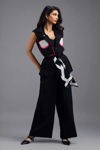 Buy Deepika Arora Black Linen V-neck Geometric Panelled Jacket And Trouser Set Buy_Deepika Arora_Black Linen V-neck Geometric Panelled Jacket And Trouser Set