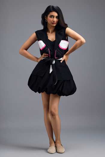 Buy Deepika Arora Black Roma V-neck Panelled Blazer Bubble Skirt Set Online at Aza Fashions Buy_Deepika Arora_Black Roma V-neck Panelled Blazer Bubble Skirt Set _Online_at_Aza_Fashions
