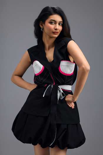 Shop Deepika Arora Black Roma V-neck Panelled Blazer Bubble Skirt Set Online at Aza Fashions Shop_Deepika Arora_Black Roma V-neck Panelled Blazer Bubble Skirt Set _Online_at_Aza_Fashions