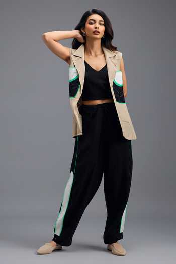 Shop Deepika Arora Beige Linen V-neck Neon Geometric Panelled Blazer Set Online at Aza Fashions Shop_Deepika Arora_Beige Linen V-neck Neon Geometric Panelled Blazer Set _Online_at_Aza_Fashions