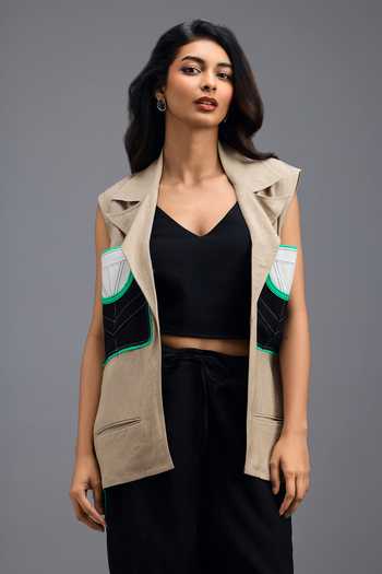 Buy Deepika Arora Beige Linen V-neck Neon Geometric Panelled Blazer Set Buy_Deepika Arora_Beige Linen V-neck Neon Geometric Panelled Blazer Set