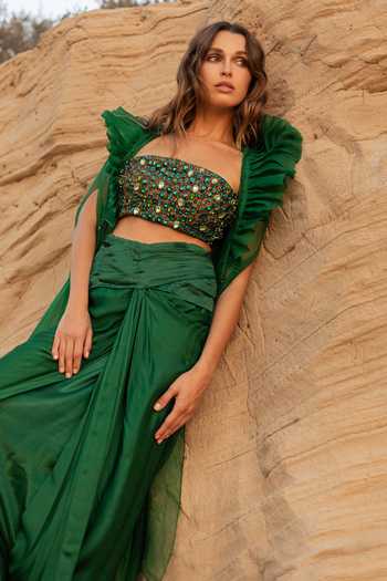 Rosé Anupama Khanna Green Organza, Silk, Georgette, Satin Bandeau Neck Ruffle Cape Skirt Set Online at Aza Fashions Rosé Anupama Khanna_Green Organza, Silk, Georgette, Satin Bandeau Neck Ruffle Cape Skirt Set _Online_at_Aza_Fashions