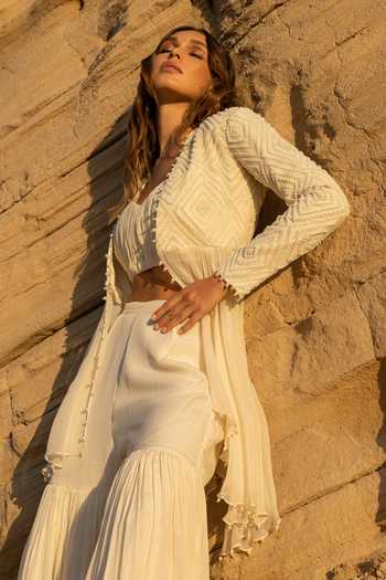 Rosé Anupama Khanna Ivory Organza, Viscose, Silk, Crepe Hand Embroidered Jacket Layered Pant Set Online at Aza Fashions Rosé Anupama Khanna_Ivory Organza, Viscose, Silk, Crepe Hand Embroidered Jacket Layered Pant Set _Online_at_Aza_Fashions
