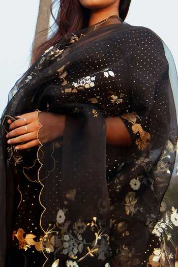 Label Earthen Black Foil Print Peplum Kurta Set For Kids