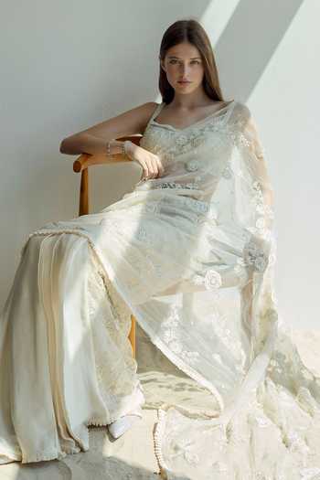 Rosé Anupama Khanna Ivory Organza, Satin, Silk, Georgette Embroidered Pre-draped Saree With Blouse Online at Aza Fashions Rosé Anupama Khanna_Ivory Organza, Satin, Silk, Georgette Embroidered Pre-draped Saree With Blouse _Online_at_Aza_Fashions