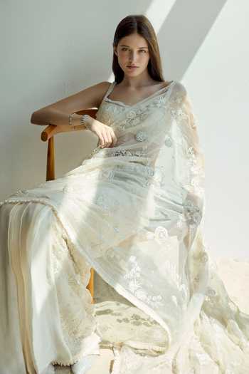 Buy Rosé Anupama Khanna Ivory Organza, Satin, Silk, Georgette Embroidered Pre-draped Saree With Blouse Online at Aza Fashions Buy_Rosé Anupama Khanna_Ivory Organza, Satin, Silk, Georgette Embroidered Pre-draped Saree With Blouse _Online_at_Aza_Fashions