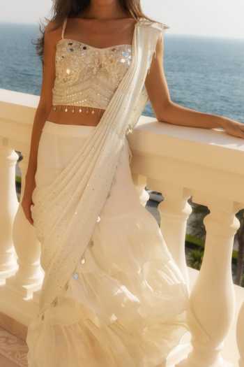 Buy Rosé Anupama Khanna Ivory Lurex, Lycra, Chiffon Sweetheart Neck Pre-draped Layered Saree With Blouse Online at Aza Fashions Buy_Rosé Anupama Khanna_Ivory Lurex, Lycra, Chiffon Sweetheart Neck Pre-draped Layered Saree With Blouse _Online_at_Aza_Fashions