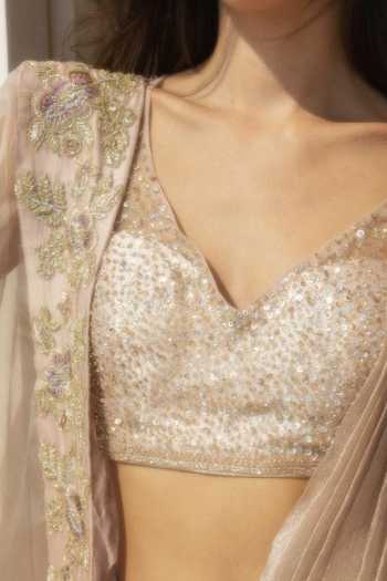 Buy Rosé Anupama Khanna Pink Crepe, Organza, Tissue Pre-draped Saree With Embroidered Blouse Online at Aza Fashions Buy_Rosé Anupama Khanna_Pink Crepe, Organza, Tissue Pre-draped Saree With Embroidered Blouse _Online_at_Aza_Fashions