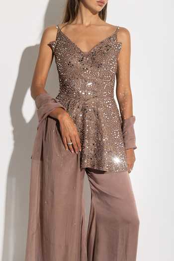 Buy_Rosé Anupama Khanna_Brown Silk, Georgette, Tissue, Satin, Viscose, Hand Embroidered Top Palazzo Set _Online_at_Aza_Fashions