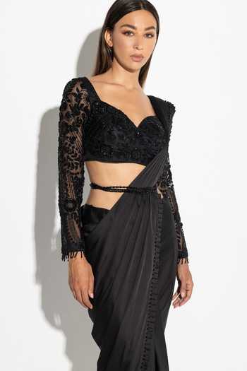 Rosé Anupama Khanna Black Organza, Silk Satin Hand Embroidered Pre-draped Saree With Blouse Online at Aza Fashions Rosé Anupama Khanna_Black Organza, Silk Satin Hand Embroidered Pre-draped Saree With Blouse _Online_at_Aza_Fashions
