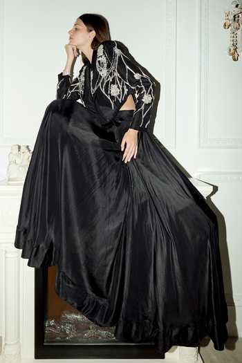 Shop Rosé Anupama Khanna Black Silk Open , Bandeau Hand Embroidered Jacket Lehenga Set Online at Aza Fashions Shop_Rosé Anupama Khanna_Black Silk Open , Bandeau Hand Embroidered Jacket Lehenga Set _Online_at_Aza_Fashions