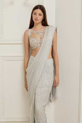 Rosé Anupama Khanna_Grey Silk Sweetheart Neck Hand Embroidered Pre-draped Saree And Blouse Set _Online_at_Aza_Fashions