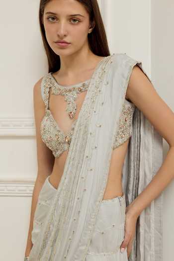 Buy_Rosé Anupama Khanna_Grey Silk Sweetheart Neck Hand Embroidered Pre-draped Saree And Blouse Set _Online_at_Aza_Fashions