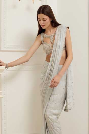 Shop_Rosé Anupama Khanna_Grey Silk Sweetheart Neck Hand Embroidered Pre-draped Saree And Blouse Set _Online_at_Aza_Fashions