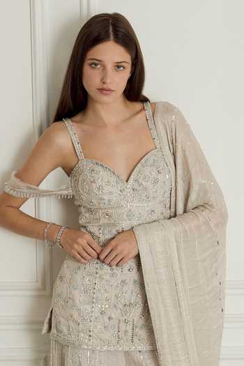 Rosé Anupama Khanna Silver Silk, Georgette, Tissue Sequins, Stones Hand Embroidered Kurta Set Online at Aza Fashions Rosé Anupama Khanna_Silver Silk, Georgette, Tissue Sequins, Stones Hand Embroidered Kurta Set _Online_at_Aza_Fashions