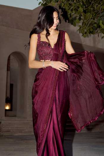Rosé Anupama Khanna Wine Organza, Satin, Silk, Hand Embroidered Pre-draped Saree With Blouse Online at Aza Fashions Rosé Anupama Khanna_Wine Organza, Satin, Silk, Hand Embroidered Pre-draped Saree With Blouse _Online_at_Aza_Fashions