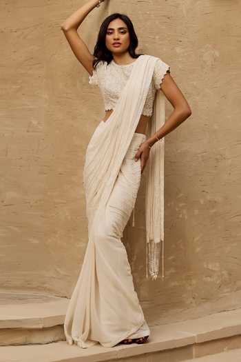 Shop Rosé Anupama Khanna Ivory Chiffon High Neck Pre-draped Saree With Blouse Online at Aza Fashions Shop_Rosé Anupama Khanna_Ivory Chiffon High Neck Pre-draped Saree With Blouse _Online_at_Aza_Fashions