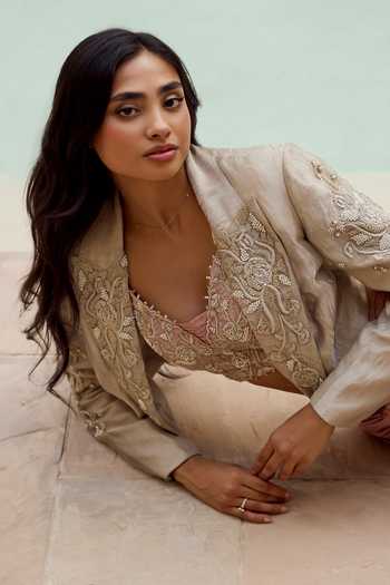 Buy Rosé Anupama Khanna Gold Tissue, Silk Open , Sweetheart Hand Embroidered Jacket Skirt Set Online at Aza Fashions Buy_Rosé Anupama Khanna_Gold Tissue, Silk Open , Sweetheart Hand Embroidered Jacket Skirt Set _Online_at_Aza_Fashions