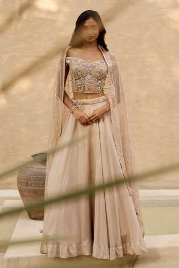 Rosé Anupama Khanna Cream Organza, Silk Off-shoulder Hand Embroidered Blouse Lehenga Set Online at Aza Fashions Rosé Anupama Khanna_Cream Organza, Silk Off-shoulder Hand Embroidered Blouse Lehenga Set _Online_at_Aza_Fashions
