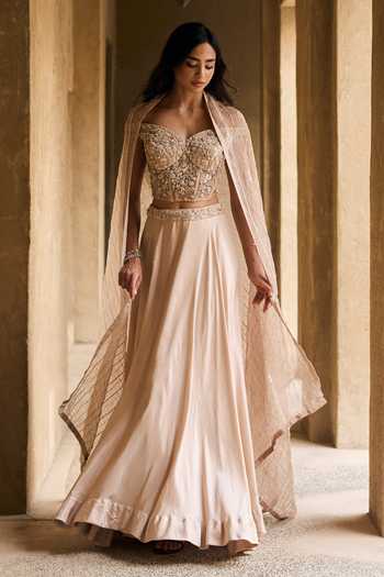 Shop Rosé Anupama Khanna Cream Organza, Silk Off-shoulder Hand Embroidered Blouse Lehenga Set Online at Aza Fashions Shop_Rosé Anupama Khanna_Cream Organza, Silk Off-shoulder Hand Embroidered Blouse Lehenga Set _Online_at_Aza_Fashions