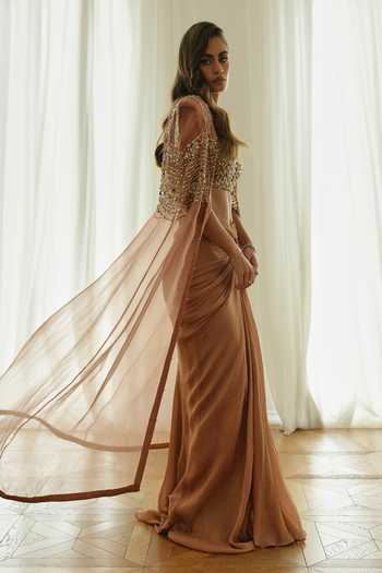 Rosé Anupama Khanna Orange Silk, Georgette, Tissue, Organza Plunge Hand Embroidered Cape Skirt Set Online at Aza Fashions Rosé Anupama Khanna_Orange Silk, Georgette, Tissue, Organza Plunge Hand Embroidered Cape Skirt Set _Online_at_Aza_Fashions