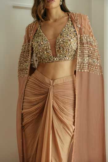 Shop Rosé Anupama Khanna Orange Silk, Georgette, Tissue, Organza Plunge Hand Embroidered Cape Skirt Set Online at Aza Fashions Shop_Rosé Anupama Khanna_Orange Silk, Georgette, Tissue, Organza Plunge Hand Embroidered Cape Skirt Set _Online_at_Aza_Fashions