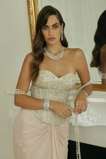 Rosé Anupama Khanna Silver Silk, Georgette, Tissue Crystals Hand Embroidered Corset And Skirt Set Online at Aza Fashions Rosé Anupama Khanna_Silver Silk, Georgette, Tissue Crystals Hand Embroidered Corset And Skirt Set _Online_at_Aza_Fashions
