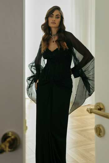 Rosé Anupama Khanna Black Silk, Georgette, Satin, Organza, Net Hand Embroidered Cape Skirt Set Online at Aza Fashions Rosé Anupama Khanna_Black Silk, Georgette, Satin, Organza, Net Hand Embroidered Cape Skirt Set _Online_at_Aza_Fashions