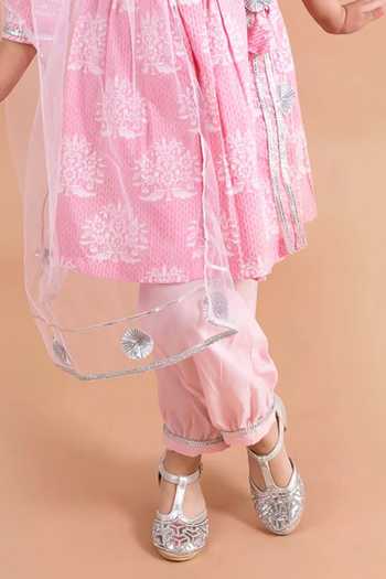 Jhambthreads_Pink Cotton, Net Printed Anarkali Set _Online_at_Aza_Fashions
