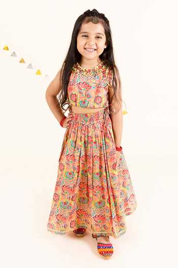 Jhambthreads Floral Print Cotton Crop Top & Skirt Set 