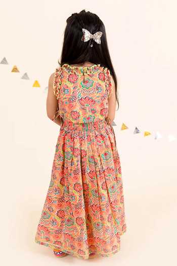 Jhambthreads Floral Print Cotton Crop Top & Skirt Set 