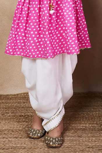 Jhambthreads_White Cotton Gota Patti Bandhani Print Anarkali And Dhoti Pant Set _Online_at_Aza_Fashions