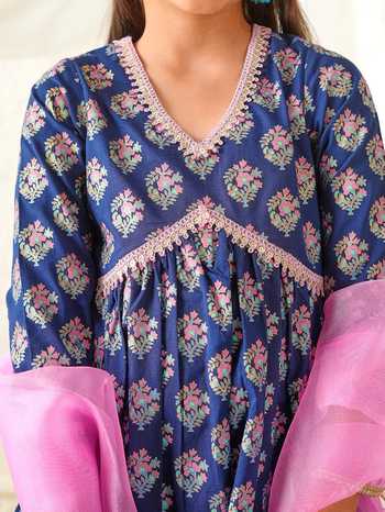 Jhambthreads_Pink Cambric, Organza Floral Print Anarkali Set _Online_at_Aza_Fashions