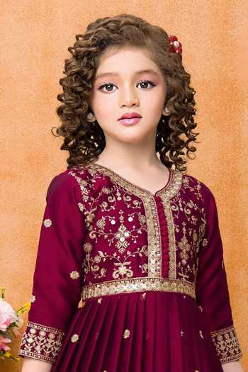 Jhambthreads_Maroon Silk Embroidery, Zari Floral Gown With Dupatta _Online_at_Aza_Fashions