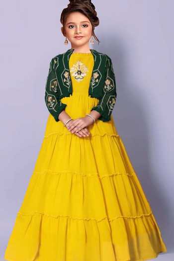 Jhambthreads_Yellow Silk Embroidery Long Gown With Cropped Jacket _Online_at_Aza_Fashions