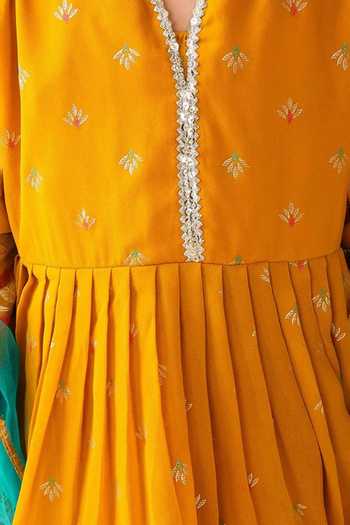 Jhambthreads Yellow Georgette, Net Foil Print Anarkali Lehenga Set Online at Aza Fashions Jhambthreads_Yellow Georgette, Net Foil Print Anarkali Lehenga Set _Online_at_Aza_Fashions