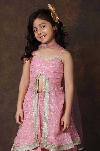 Jhambthreads_Pink Georgette, Net Printed Slit Kurta Lehenga Set _Online_at_Aza_Fashions