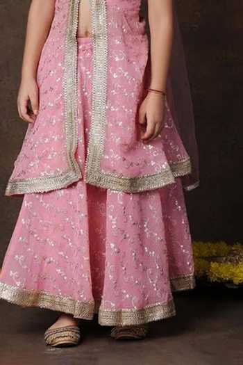 Buy_Jhambthreads_Pink Georgette, Net Printed Slit Kurta Lehenga Set _Online_at_Aza_Fashions