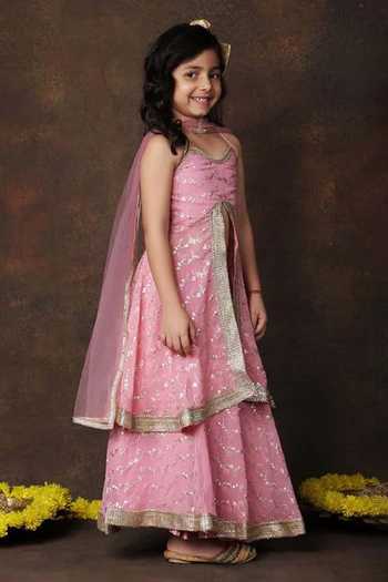 Shop_Jhambthreads_Pink Georgette, Net Printed Slit Kurta Lehenga Set _Online_at_Aza_Fashions